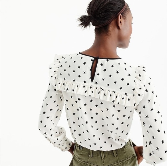 J.Crew Ruffle Silk Top Blouse Star Print Vintage Champagne White - M - Picture 2 of 4